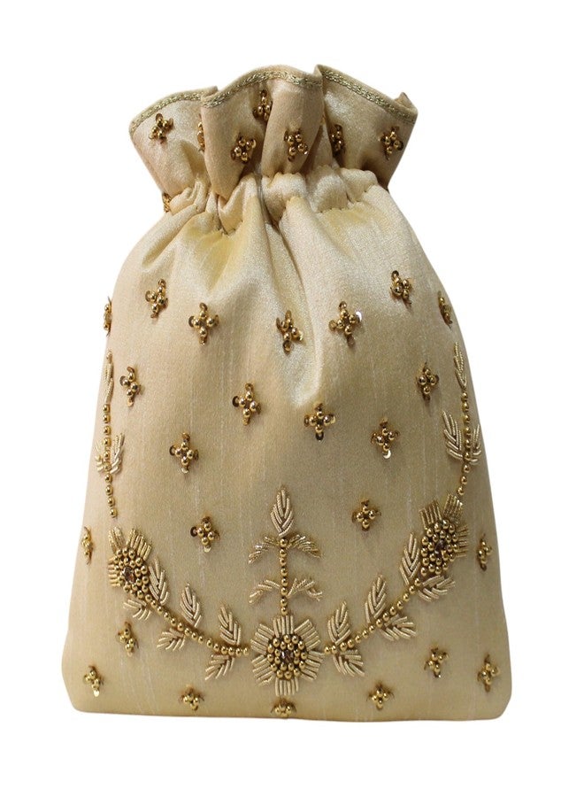 MILAN'S CREATION : Pearl & Zardosi Potli Bag Hand Embroidery Drawstring Potli Women's Handbag Purse With Pearl Handle & Tassel Purse (Gold) - Image 4